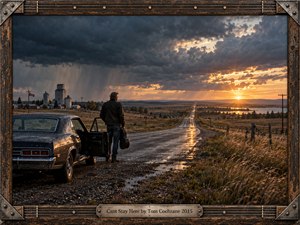 A lone traveler stands beside an aging car on a rain-soaked prairie highway, guitar case in hand. Dark storm clouds loom above distant grain elevators as golden sunset light illuminates the horizon and glistening road. Cinematic photography captures restless departure and uncertain hope, enclosed within a weathered wooden frame with metallic guitar details.