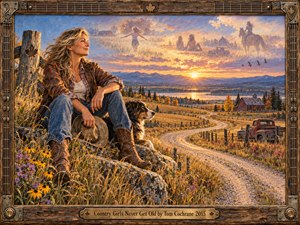 A windswept country woman rests beside her loyal dog, overlooking a winding road, weathered barn, and golden fields at sunset. Dreamlike figures drift through lavender clouds above distant mountains. Rich oil brushwork glows with amber and blue tones, while a carved wooden guitar-themed frame evokes nostalgic warmth and timeless resilience.