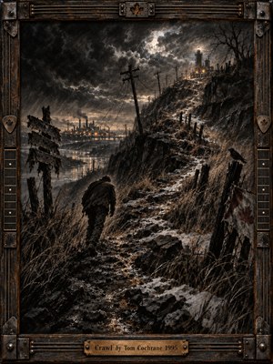 A lone traveler struggles uphill along a winding, rocky trail beneath turbulent storm clouds. Broken fences, leaning utility poles, distant factories, and a glowing beacon evoke isolation and perseverance. Charcoal blacks, smoky grays, and muted amber highlights create a brooding, textured landscape, enclosed within a weathered, guitar-inspired wooden frame.
