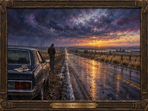 A solitary man stands beside a weathered car on a rain-soaked prairie highway. Golden sunset light reflects across wet pavement beneath swirling violet storm clouds. A forgotten photograph suggests regret and lost connection. Expressive oil brushwork, distant farmland, and an ornate guitar-string bronze frame create a wistful, cinematic atmosphere.