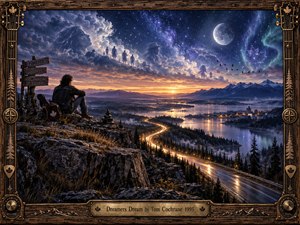 A lone traveler sits beside a guitar above a winding golden road, overlooking misty forests, lakes, and distant mountains. Ghostly dreamers emerge from violet clouds beneath a luminous moon and star-filled sky. Warm sunset colors contrast with cool blues, while ornate carved wood and bronze frame this atmospheric digital painting.