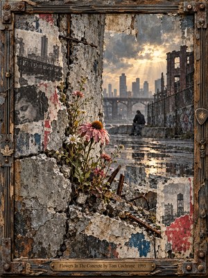 Wildflowers rise through fractured concrete and torn urban posters beside a rain-soaked industrial street. A solitary figure sits beneath a distant skyline as golden sunlight breaks through storm clouds. Weathered photographs, rusted metal, muted grays, and dusty pink blossoms form a textured mixed-media collage, framed by distressed wood and engraved brass.