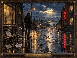 A solitary man stands on a rain-soaked street overlooking a distant town beneath turbulent blue-gray clouds. Amber streetlights and red neon shimmer across puddles, while shadowy figures gather behind glowing windows. Scattered notes suggest conflicting advice. Expressive oil brushwork, dramatic lighting, and an ornate guitar-inspired wooden frame deepen the melancholy atmosphere.