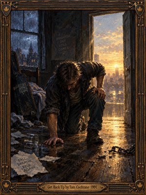A weary man struggles to rise from a dark wooden floor as golden sunrise spills through an open doorway. Broken chains, scattered papers, and rain-streaked windows symbolize hardship and renewal. Rich oil brushwork blends deep blues with warm amber light, framed by ornate bronze guitar details and engraved lettering.