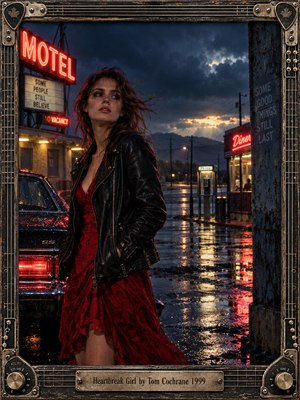 A windblown woman in a crimson dress and black leather jacket stands beside a rain-soaked car outside a neon motel. Storm clouds loom over a deserted street, where scarlet reflections shimmer across wet pavement. Moody blue and amber cinematic lighting conveys heartbreak and resilience, framed by weathered guitar hardware.