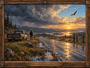 An old pickup and a solitary traveler overlook a rain-slick road winding toward a golden sunset. Dark storm clouds recede above distant mountains and shimmering water, while an eagle soars through clearing skies. Rich oil brushwork, reflective puddles, wildflowers, and a rustic wood-and-bronze frame evoke bittersweet farewell and renewed hope.