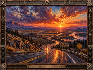 A winding highway glows beneath a fiery sunset, sweeping through rocky hills, pine forests, and a broad river valley. Deep violet clouds contrast with golden reflections on rain-slick pavement, creating a hopeful sense of adventure. Rich oil-painted textures illuminate the landscape, surrounded by a weathered, guitar-inspired wooden and metal frame.