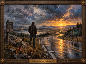 A lone traveler overlooks a rain-soaked highway winding toward a blazing golden sunset across rugged Canadian wilderness. Ghostly memories of love, home, and distant city life drift through storm clouds. Rich blue-gray shadows contrast with amber reflections in this textured oil painting, enclosed by an ornate guitar-inspired bronze frame.