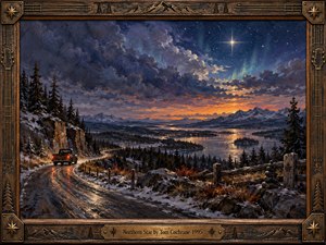 A solitary pickup follows a winding, snowy road above a vast northern lake. Pine forests and distant mountains frame a glowing orange horizon beneath violet storm clouds, faint auroras, and one brilliant star. Rich oil brushwork and an ornate carved wooden frame lend the journey quiet hope and nostalgia.