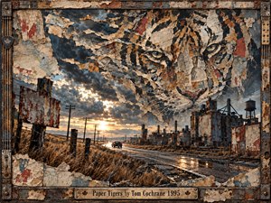 A colossal tiger face emerges from torn paper and storm clouds above a lonely industrial highway. A small car follows the wet road toward golden sunset light, past rusted factories, telephone poles, and dry grasses. Weathered maps, muted blues, ochres, and metal framing create a haunting, gritty mixed-media collage.