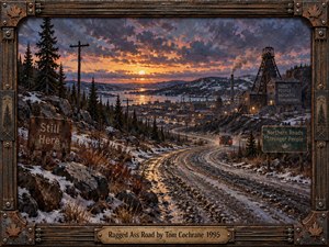 A rugged northern road winds toward a distant mining town beneath a fiery orange and violet sunset. Snow-dusted rocks, towering evergreens, weathered signs, and glowing industrial buildings evoke resilience and solitude. Rich oil brushwork captures muddy reflections and dramatic clouds, enclosed within an ornate, rusted metal frame with engraved details.