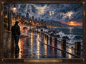 A lone man pauses beside a rain-slick waterfront promenade curving toward glowing city towers. Storm waves crash beneath a fiery sunset as a smiling womans ghostly face emerges from the clouds. Deep blues, amber reflections, and expressive oil brushwork evoke bittersweet nostalgia within an ornate, guitar-inspired wooden frame.