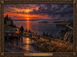 A lone traveler stands beside a vintage car on a rain-slick overlook, watching a fiery sunset descend over a vast lake. Storm clouds gather above distant industrial lights and a winding coastal road. Rich oil brushstrokes, glowing reflections, and a weathered guitar-inspired frame evoke solitude, uncertainty, and fading hope.