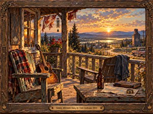 A weathered country porch overlooks a winding road, quiet village, and distant mountains beneath a glowing sunset. Empty wooden chairs, an acoustic guitar, folded map, and amber bottle suggest lingering companionship. Rich golden light washes across textured oil brushstrokes, while a carved guitar-themed wooden frame deepens the nostalgic warmth.