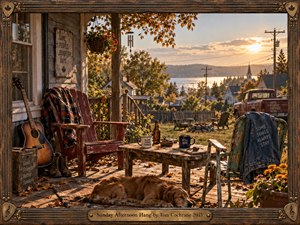 A weathered porch overlooks a sleepy lakeside town beneath golden autumn sunlight. Empty chairs, an acoustic guitar, enamel mugs, and a resting dog suggest friendship and unhurried memories. Warm amber foliage, distant rooftops, and shimmering water deepen the nostalgic photographic atmosphere, enclosed by ornate wood and a brass title plate.