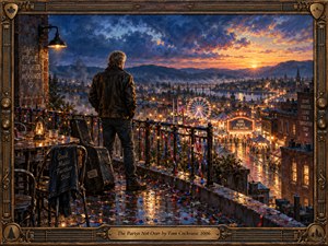 A lone man in a weathered jacket overlooks a glowing riverside carnival at dawn. Wet rooftops, scattered confetti, and a resting guitar case suggest a celebration lingering into morning. Deep blue clouds meet golden sunlight above distant mountains, while an ornate bronze frame enriches the reflective, hopeful oil painting.