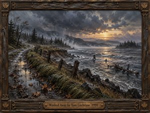 A rain-soaked road winds beside a turbulent river, past broken fences, windswept grasses, and dark evergreens. Heavy slate clouds part above distant mountains, spilling golden sunset across churning water. Expressive oil brushwork, misty horizons, and an ornate weathered wooden frame with bronze guitar strings create a melancholy, resilient atmosphere.