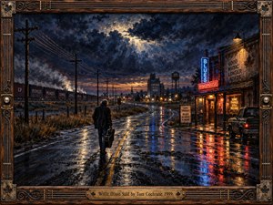 A lone guitarist walks along a rain-soaked highway toward a glowing blues roadhouse. Indigo storm clouds hang above distant trains and telephone lines, while amber and crimson neon shimmer across wet pavement. Richly textured oil brushwork evokes solitude, perseverance, and musical heritage, enclosed in an ornate wooden frame with brass accents.