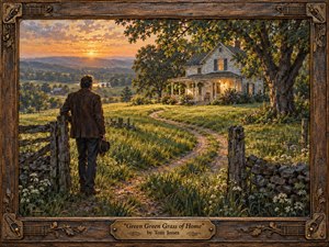 A solitary man stands at a rustic gate overlooking a sunlit country home surrounded by lush green fields and an ancient tree. Warm golden light fills the landscape, balancing nostalgia with quiet sadness. Rich oil-painted textures, weathered wood, stone walls, distant hills, and a carved musical frame deepen the reflective mood.