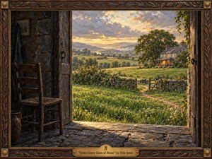 An empty wooden chair rests inside a shadowed stone doorway, overlooking emerald fields and a distant cottage glowing beneath a golden evening sky. Textured oil brushwork captures wildflowers, weathered timber, and rolling hills, evoking homesickness and quiet longing. A carved walnut frame with an engraved brass title plate completes the nostalgic scene.