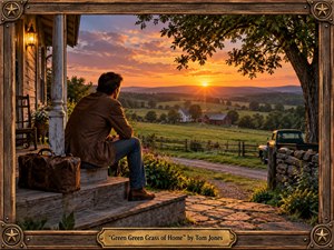 A solitary man sits on a weathered farmhouse porch beside a worn leather bag, gazing across lush green fields toward a glowing sunset. Warm amber light, deep greens, rustic wood, stone walls, and a vintage truck create a nostalgic, reflective mood, framed by handcrafted timber, brass accents, and engraved detailing.