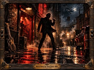 A shadowed singer dominates a rain-soaked industrial alley outside a glowing blues-rock club, surrounded by guitars, amplifiers, steam, and a vintage car. Fiery red-orange light contrasts with cold moonlit blues, creating gritty tension. Painterly textures, wet reflections, deep shadows, and an ornate guitar-inspired frame intensify the dramatic nocturnal atmosphere.