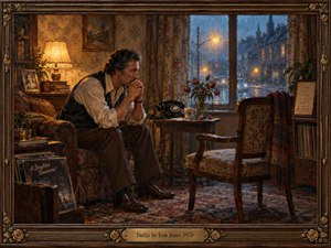 A solitary man sits forward in quiet reflection inside a warmly furnished vintage room, facing an empty chair beside a rain-streaked window. Amber lamplight contrasts with cool blue evening streets outside, while roses, a rotary phone, patterned fabrics, and framed memories deepen the wistful mood. Rich oil textures and an ornate wooden frame enhance the nostalgic intimacy.
