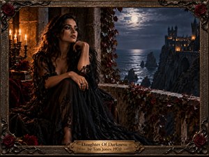 A dark-haired woman in a flowing black lace gown sits on a candlelit stone balcony overlooking a moonlit sea and distant gothic castle. Deep blacks, crimson roses, silver-blue water, and warm amber light create a haunting romantic mood. An ornate metal frame and engraved title plate complete the richly cinematic composition.