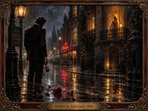 A solitary man stands in a rain-slicked nighttime street clutching a red rose, gazing toward a warmly lit balcony where a woman appears in silhouette. Amber lamps, crimson reflections, dark architecture, and scattered rose petals create romantic menace and heartbreak, rendered in richly textured, cinematic oil-painting style.