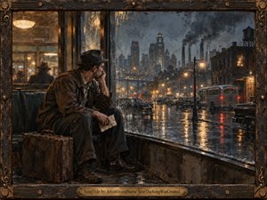 A solitary traveler sits beside a rain-streaked window, suitcase at his feet, gazing toward a smoky Detroit skyline glowing through the night. Wet streets mirror amber lamps and red taillights beneath heavy blue-gray clouds. Rich painterly textures, worn industrial details, and warm interior light create a reflective, homesick, cinematic mood.