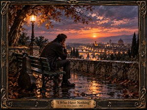 A solitary man sits beside a worn guitar case on a rain-slick terrace overlooking a glowing river city at sunset. Autumn leaves, stone walls, and a warm streetlamp frame the melancholy scene. Rich amber, bronze, and violet tones, reflective pavement, dramatic clouds, and an ornate musical border create a cinematic, handcrafted atmosphere.
