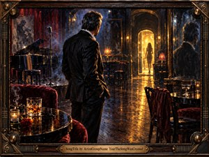 A solitary man in a dark suit stands inside an intimate midnight jazz club, watching a woman disappear through a glowing doorway. Deep burgundy upholstery, polished black tables, a piano, microphone, scattered glasses, and warm amber lamps create a reflective, regretful mood, rendered in richly textured, cinematic painterly detail.