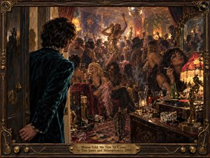 A wary man in a dark velvet jacket enters a crowded, smoke-filled house party bursting with decadent energy. Warm amber lamps, mirrored reflections, scattered bottles, rich reds, golds, and deep greens create a claustrophobic glow. Painterly realism, textured furnishings, dancing figures, and ornate framing heighten the reckless, intoxicating atmosphere.