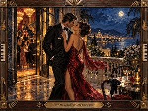 A glamorous couple leans toward a kiss on a moonlit terrace overlooking a sparkling coastal city. Deep crimson, midnight blue, and warm gold create a seductive, nostalgic mood. Rich oil-paint textures, glowing chandeliers, reflective stone, champagne, roses, and flowing fabric heighten the romantic drama within an ornate vintage frame.
