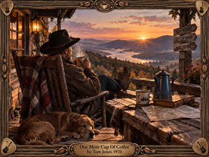 A solitary man relaxes on a rustic mountain porch, cradling a steaming coffee beneath a glowing lantern as sunrise floods the misty valley with amber and rose light. A sleeping dog, worn table, enamel pot, map, and weathered signposts deepen the reflective mood, rendered in richly textured, cinematic realism.