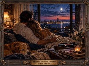 A couple rests closely beneath textured blankets in a warmly lit bedroom, gazing toward a moonlit waterfront city. Amber lamps, candlelight, deep blues, and soft rose skies create a tender, nostalgic mood. A sleeping dog, turntable, flowers, ornate wooden frame, and brass title plate enrich the detailed vintage realism.