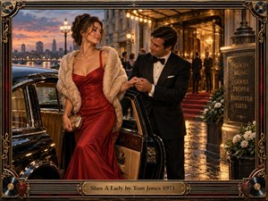 A glamorous woman in a flowing red gown steps from a vintage black car as a tuxedoed gentleman offers his hand outside an elegant waterfront venue. Warm golden lights reflect on wet pavement beneath a sunset sky, creating a romantic, confident mood. Ornate musical framing and a bronze title plate complete the richly cinematic composition.
