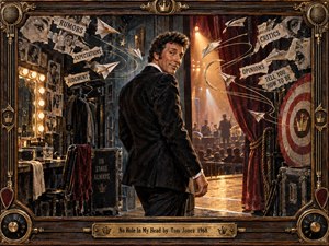 A confident, dark-suited showman pauses backstage, glancing toward the viewer before entering a glowing theater. Torn paper, vintage portraits, and circling paper airplanes suggest outside pressures deflected by calm self-assurance. Warm gold, burgundy, charcoal, and brass tones enrich the cinematic mixed-media style, framed by ornate musical hardware and aged wood.