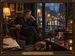 A solitary older man sits pensively beside a rain-streaked window, surrounded by a guitar, records, scattered music, roses, and a resting dog. Warm amber lamplight contrasts with the cool blue city beyond, creating a reflective, intimate mood. Painterly textures, deep shadows, polished wood, and glowing reflections heighten the melancholy atmosphere.