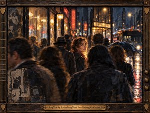 A lone woman turns amid a rain-soaked nighttime crowd, her warmly illuminated face emerging from blurred figures and dark umbrellas. Wet streets shimmer with amber, red, and blue reflections beneath glowing storefronts and streetlights. Rich oil-and-gouache textures, weathered surfaces, and an ornate guitar-inspired frame create a wistful, cinematic atmosphere.