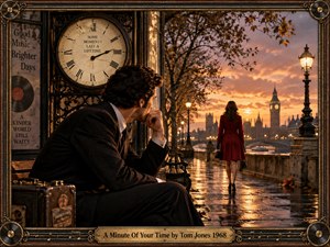 A contemplative man in a dark 1960s suit watches a woman in a red coat walk along a rain-slicked London riverside at sunset. Warm amber streetlights, glowing reflections, autumn leaves, Big Ben, and a large vintage clock create a wistful romantic mood, framed by ornate brass, wood, records, and musical detailing.