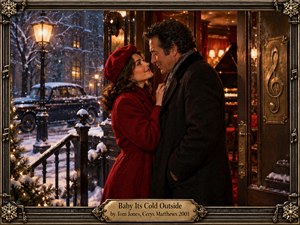 A warmly dressed couple shares a tender, flirtatious moment outside an elegant lounge on a snowy winter night. Rich reds, deep blacks, icy blues, and golden lamplight create romantic contrast. Cinematic realism, falling snow, vintage architecture, a classic car, musical details, and an ornate metallic frame enhance the nostalgic atmosphere.