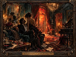 A smoldering couple dominates a lavish, disorderly salon, framed by an ornate musical border as crimson curtains billow before a blazing orange window. Deep teal shadows, candlelight, and chandelier glow heighten the feverish mood, while spilled wine, scattered petals, a grand piano, and thick painterly textures suggest decadent romance on the verge of collapse.