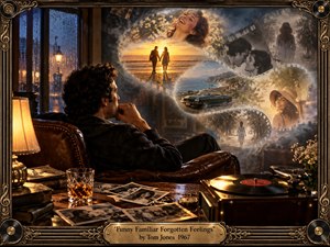 A solitary man sits in a warmly lit vintage room, surrounded by photographs, a turntable, whiskey, and a pocket watch. Above him, luminous memories curl through smoky air in a flowing ribbon. Golden amber, deep blue, and sepia tones create a wistful, cinematic mood framed by ornate bronze musical details.