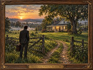 A solitary man with a suitcase pauses at a rustic gate, gazing toward a warmly lit farmhouse across lush green fields. Golden sunset light, cool mist, weathered fences, wildflowers, and an ancient tree create bittersweet nostalgia. Rich oil-paint textures, deep greens, amber highlights, and a carved wooden frame complete the scene.