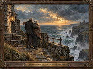 An elderly couple stands together on a weathered stone overlook above a storm-tossed sea, surrounded by crumbling masonry, windswept grass, and distant ruins. Slate blues and sea greens contrast with warm golden sunset light. Rich oil-and-encaustic textures, carved framing, bronze details, and a glowing lantern create a solemn, enduring atmosphere.