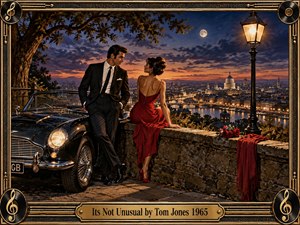 An elegant couple share a charged romantic moment beside a glossy vintage convertible overlooking a luminous city at twilight. Deep reds, black, gold, and indigo create a sophisticated 1960s mood, while warm lamplight and sunset glow add intimacy. An ornate musical frame and engraved title plate complete the richly cinematic composition.