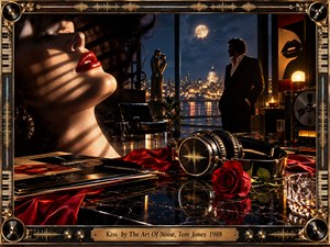 A sultry woman with crimson lips dominates a luxurious midnight lounge overlooking a glowing city, while a solitary suited man stands in contemplative shadow. Black marble, red satin, vinyl records, headphones, roses, and vintage audio equipment create sensual tension, illuminated by warm amber highlights, moonlight, and richly detailed retro-futurist realism.