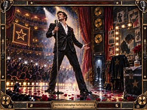 A charismatic pop singer commands a grand theater stage beneath brilliant spotlights, surrounded by cheering crowds, camera flashes, red velvet curtains, and scattered rose petals. Warm gold, crimson, and black tones contrast with a reflective backstage mirror, creating a glamorous yet lonely mood in a richly textured, cinematic mixed-media painting.