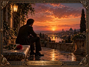 A solitary man in a dark suit sits on a rain-polished stone terrace overlooking a glowing riverside city at sunset. Warm amber lamps, fiery clouds, and golden reflections contrast with his quiet melancholy. A red rose, ivy, ornate stonework, and a bronze musical frame deepen the romantic, cinematic atmosphere.